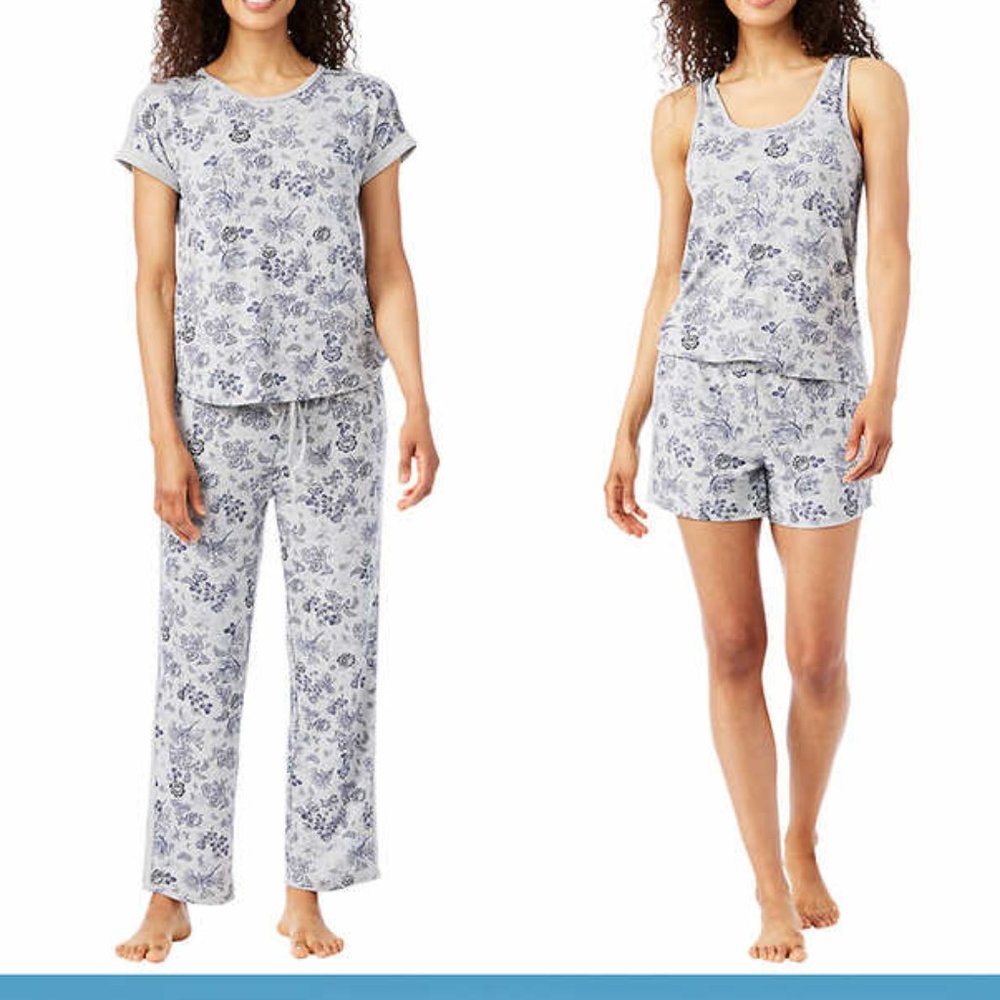 Lucky Brand Large 4 Piece Tee Tank Short & Pant Pajama Set Grey Blue Floral